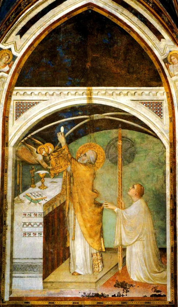 Čudežna maša, v kateri angeli pokrijejo svetnikove roke s plaščem, ki ga je daroval revežu